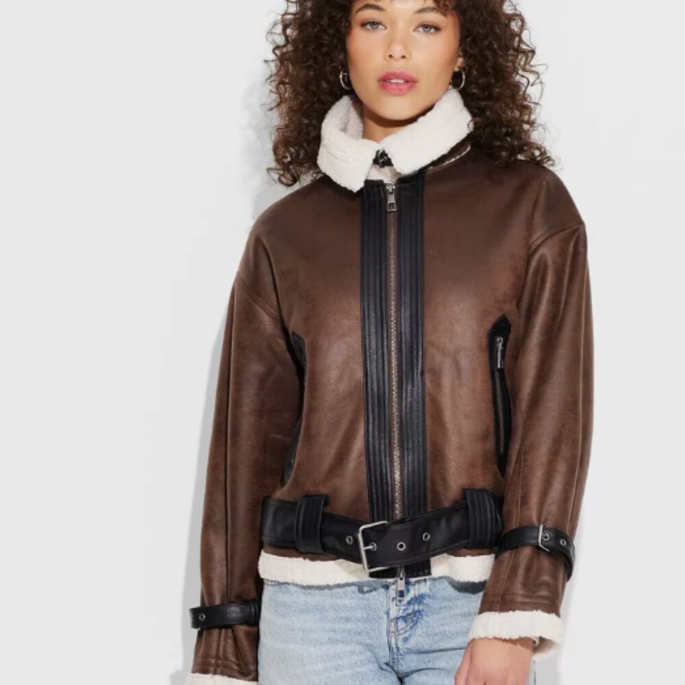 NWT Wild Fable - Women's Faux Shearling Aviator Jacket - Wild Fable Brown